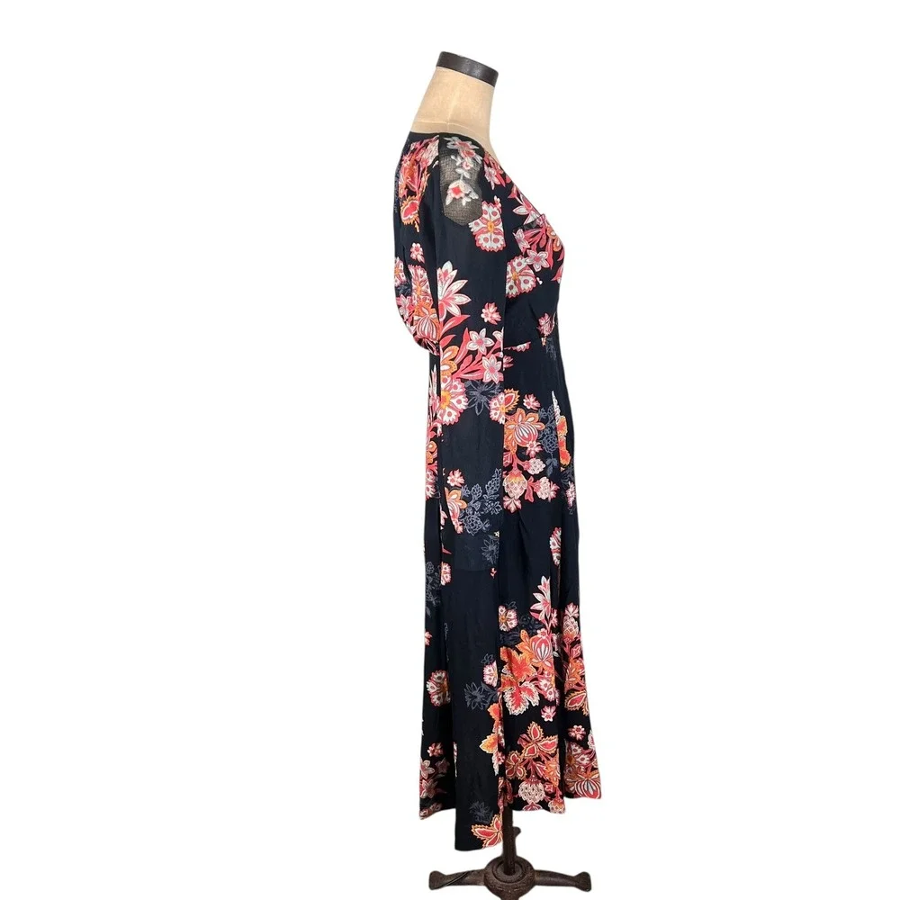 Free People Floral Embroidered Mesh Shoulder Button Front Midi Dress Black Sz 2